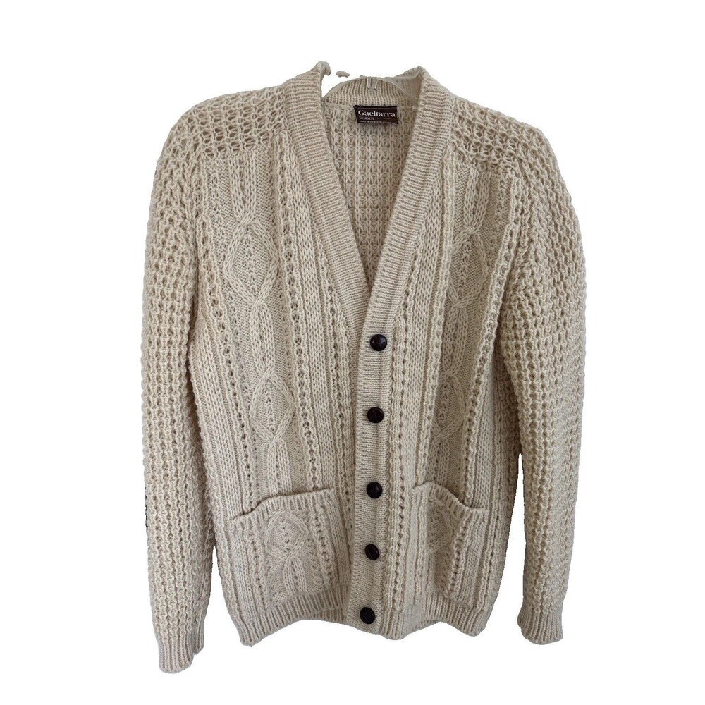 VTG EUC Gaeltarra Ireland Sweater  Cream Cable Knit Fisherman Cardigan Wool M